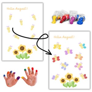 Puede incluir: Un proyecto de manualidades con dos hojas blancas con el texto Hello August en dorado, decoradas con girasoles amarillos y mariposas coloridas hechas con huellas dactilares, junto a tubos de pintura amarilla, roja, morada y azul.