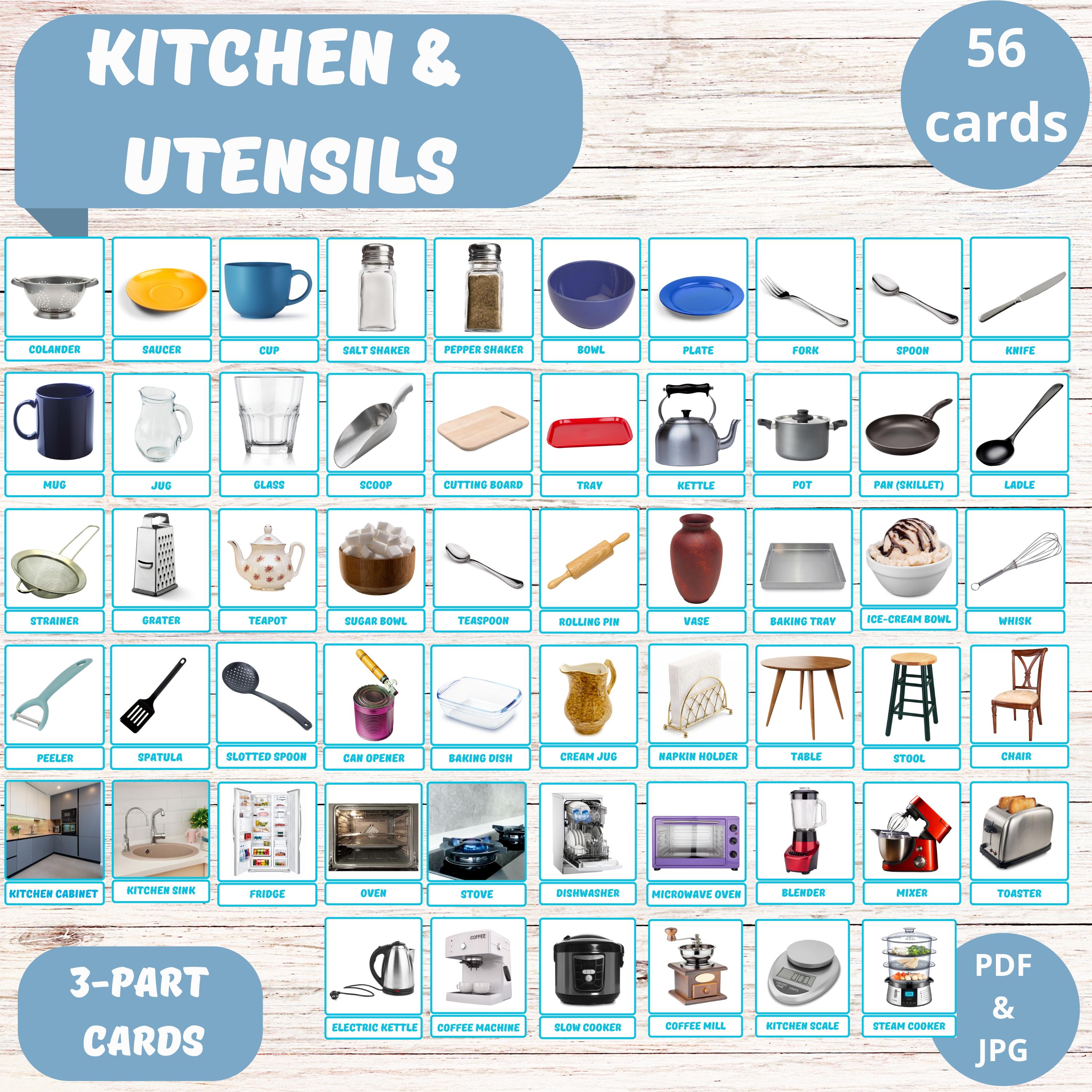 Kitchen Utensils Flashcards: Educational Cards for Kids (PDF \u0026 JPG) - Etsy, image size:3000x3000