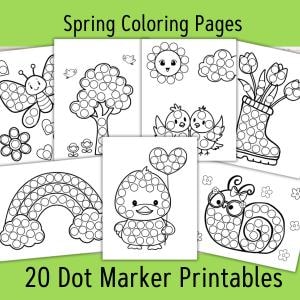 May include: A collection of seven black and white printable coloring pages with spring-themed illustrations. The pages feature a butterfly, tree, birds, flowers, rainbow, duck, and snail. Text on the image reads "Spring Coloring Pages" and "20 Dot Marker Printables."