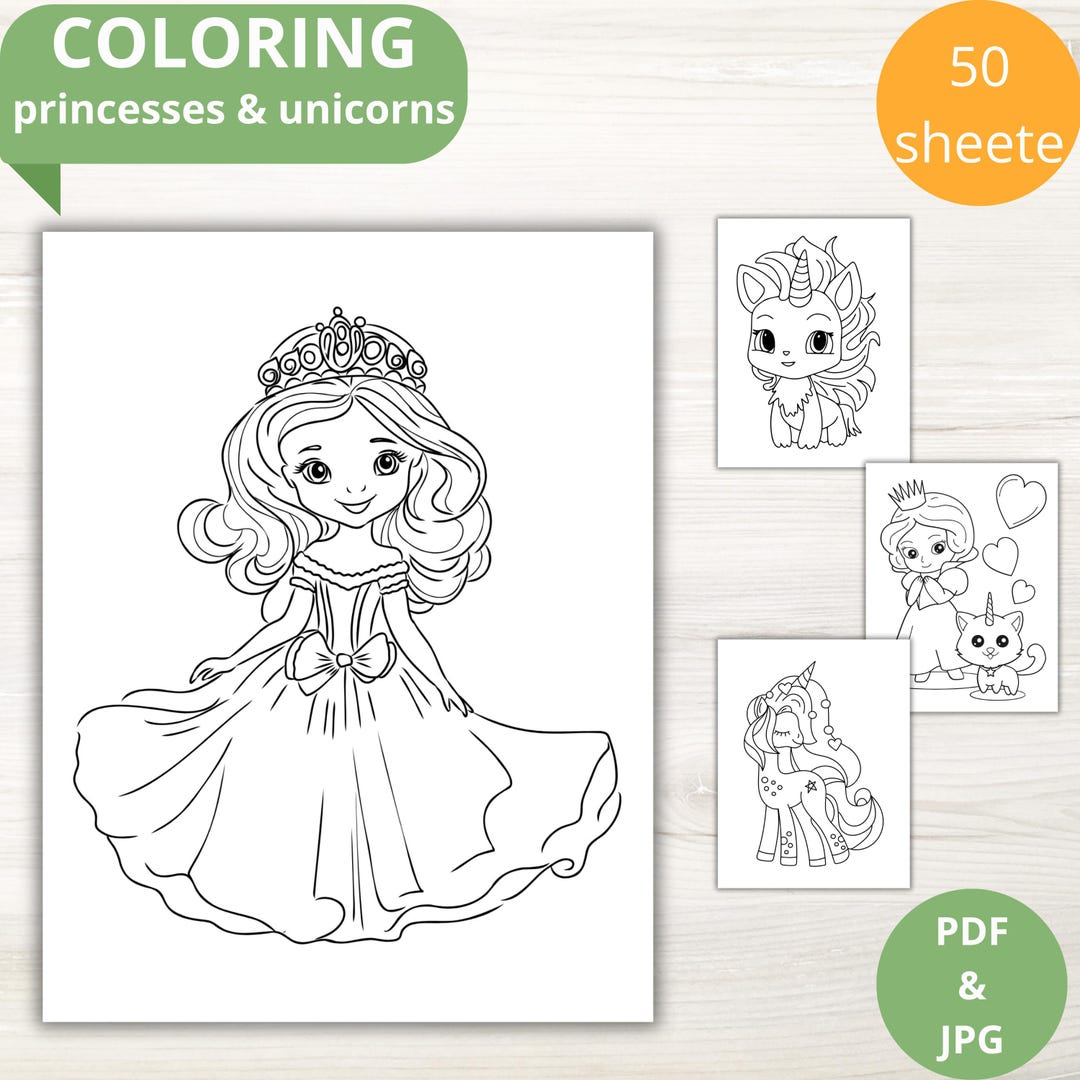 Princess and Unicorn Coloring Pages for Kids – 50 Printable Sheets (PDF ...
