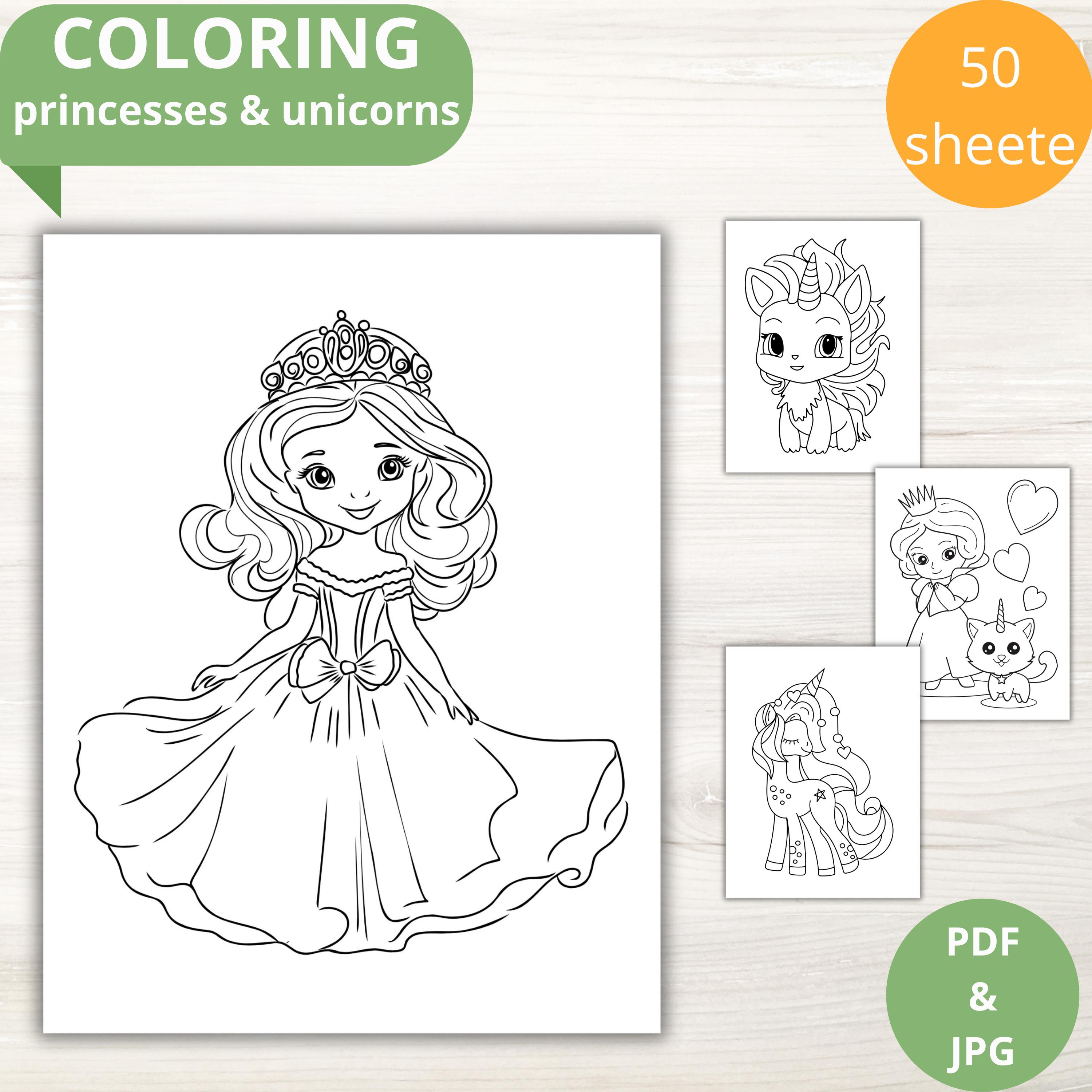 Princess and Unicorn Coloring Pages for Kids – 50 Printable Sheets (PDF ...