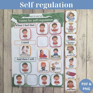 Op de afbeelding: Een kleurrijk, printbaar schema met illustraties van kindergezichten die verschillende emoties uitdrukken. Het schema heeft de titel "Tablet voor zelfregulatie" en bevat strategieën om te helpen bij zelfregulatie, zoals "Praat met een volwassene", "Luister naar muziek", "Tel tot tien", "Denk aan een rustige plek", "Haal diep adem", "Rust uit" en "Neem een ​​snack".