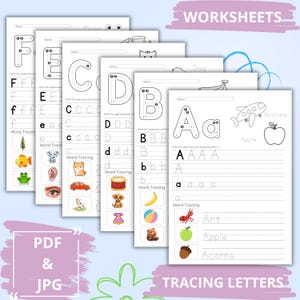 Alfabet-werkbladen | Werkbladen voor voorschoolse tracering | 26 afdrukbare overtrekpagina&#39;s | Lettertracering A-Z | Woordtracering | Leren traceren