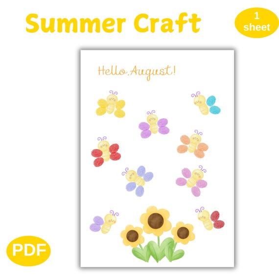 Hello August Fingerprint Craft Printable | Bee Fingerprint Art for Kids | Summer Preschool Activity | Toddler Fine Motor Craft