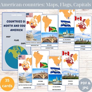 Länder von Amerika Karteikarten | Lernmaterialien mit Karten, Flaggen, Hauptstädten | Druckbare Lernkarten | Geographie| Homeschool-Ressource