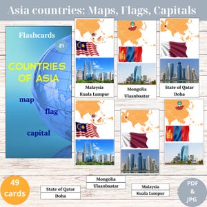 Explore a Ásia: Flashcards imprimíveis com mapas, bandeiras e capitais para crianças | Flashcards divertidos de geografia | Países da Ásia | Recurso educacional