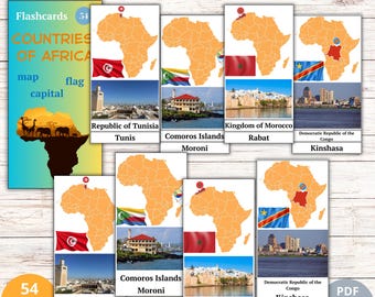 Flashcards Countries of Africa | Educational Materials with Maps, Flags, Capitals | Printable Learning Cards| Geography| Homeschool resource
