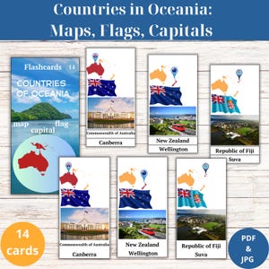 Explore os países da Oceania: Flashcards divertidos com mapas, bandeiras e capitais para crianças