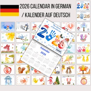 Könnte beinhalten: Ein Spiral-Kalender 2026 auf Deutsch mit Hand- und Fußabdruck-Kunst für jeden Monat. Das Cover zeigt die Jahreszahl mit Handabdruck-Designs und dem Text "Kalender 2026". Die deutsche Flagge ist oben links zu sehen.