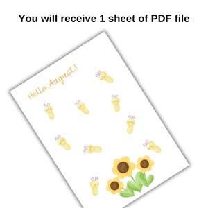 Puede incluir: Una hoja PDF digital que presenta el texto Hello August en letra cursiva amarilla, decorada con m&uacute;ltiples ilustraciones de peque&ntilde;as abejas amarillas con antenas moradas y un grupo de tres girasoles amarillos con centros marrones y tallos verdes.