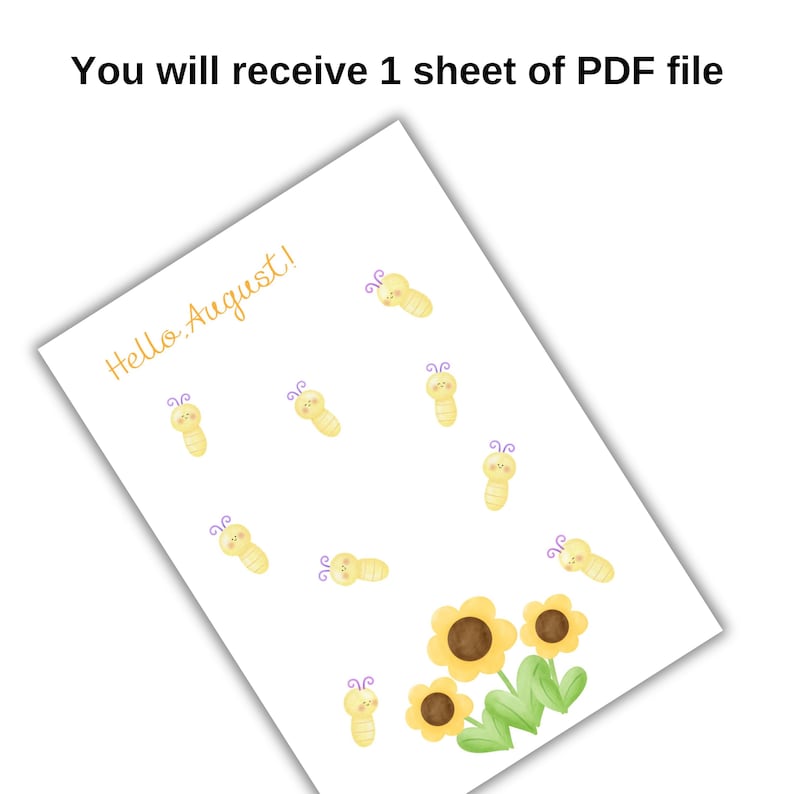 Puede incluir: Una hoja PDF digital que presenta el texto Hello August en letra cursiva amarilla, decorada con m&uacute;ltiples ilustraciones de peque&ntilde;as abejas amarillas con antenas moradas y un grupo de tres girasoles amarillos con centros marrones y tallos verdes.