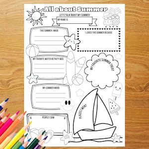 Puede incluir: Hoja de actividades de verano en blanco y negro con el texto "All about Summer". Incluye espacios para escribir sobre actividades de verano, golosinas favoritas y lugares visitados. Presenta ilustraciones de un sol, pelota de playa, velero, etc.