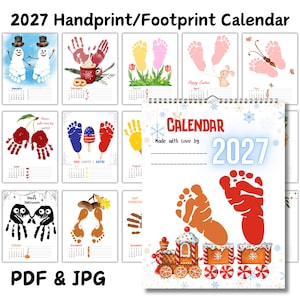 May include: A 2027 wall calendar featuring monthly pages with handprint and footprint art designs. Each page includes a calendar grid and seasonal illustrations like snowmen, flowers, cherries, and a train, with the text 2027 Handprint/Footprint Calendar.