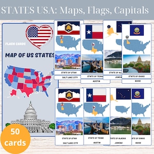 USA Karteikarten mit USA, Flaggen und Hauptstädten | Spaß Lernwerkzeug für Kinder | Geographie Aktivität | Hausschulbedarf | Karteikarten aus den 50 Bundesstaaten der USA