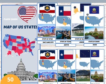 USA Flash Cards with Maps, Flags, Capitals | Fun Learning Tool for Kids| Geography Activity | Homeschool Supplies| Flashcards 50 States USA