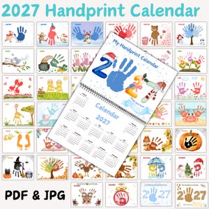 Könnte beinhalten: Ein Handabdruck-Kalender 2027 mit Spiralbindung, der für jeden Monat farbenfrohe Handabdruckkunst zeigt. Das Cover zeigt einen blauen Handabdruck mit der Zahl 2027. Die Wörter "My Handprint Calendar" und "Made with love" sind ebenfalls sichtbar.