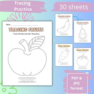 Tracing Fruits and Vegetables Worksheets | Writing Practice for Kids | Pre-Writing Worksheets