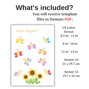 Puede incluir: Un archivo de plantilla digital con el texto Hello August, mariposas coloridas y girasoles. El texto enumera formatos PDF: US Letter 8,5 in por 11 in, 8 in por 10 in, 11 in por 14 in, formato A4 21 cm por 29,7 cm y A3 29,7 cm por 42 cm.