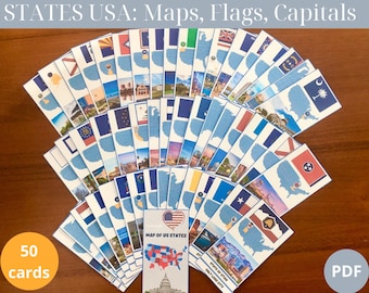 States USA Flash Cards | Educational Materials with Maps, Flags, Capitals - Printable Learning Cards | Geography for Kids | Homeschool USA