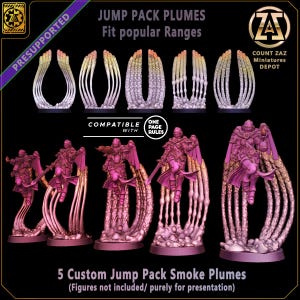 Könnte beinhalten: Fünf 3D-gedruckte lila und orangefarbene Jump-Pack-Rauchfahnen für Tabletop-Miniaturen. Die Fahnen sind so konzipiert, dass sie zu gängigen Miniaturenserien passen. Der Text "Jump Pack Plumes" und "Fit popular Ranges" ist im Bild sichtbar.