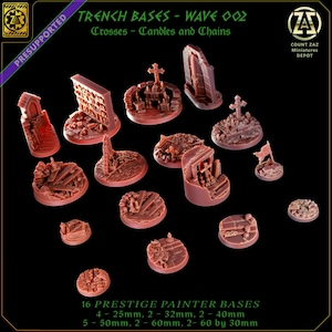 May include: A collection of 16 reddish-brown resin miniature bases titled Trench Bases - Wave 002 Crosses - Candles and Chains. The set includes various circular and oval bases featuring sculpted details like crosses, candles, chains, and debris, with sizes ranging from 25mm to 60mm.