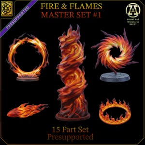 Könnte beinhalten: Ein 15-teiliges Set aus Miniatur-Feuer- und Flammeneffekten mit dem Titel FIRE & FLAMES MASTER SET #1. Die Sammlung umfasst eine hohe wirbelnde Flammensäule, einen kreisförmigen Feuerring, einen gezackten Feuerwirbel und eine kleine Feuerkrone.