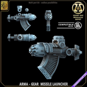 May include: A gray plastic model kit of a futuristic weapon called the "ARMA - GEAR MISSILE LAUNCHER". The kit is compatible with "ONE PAGE RULES" and is presupported for 3D printing.