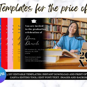 May include: Image of graduation announcement templates. The design features a photo of a smiling person in a library setting. The announcement includes the text "You are invited to the graduation celebration of Donna Daniela" and "Class of 20XX". The image also includes the text "5 DIY Editable Templates".