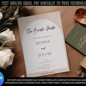 Może przedstawiać: Drukowany szablon przewodnika po dniu ślubu w Canva. Szablon zawiera brzoskwiniowe tło z kółkiem i tekstem "The Bride Guide" w czarnym, ozdobnym kroju pisma. Tekst "For the Union of Donna and David" znajduje się pod kółkiem. Data, adres i hashtag są wymienione pod nazwiskami.