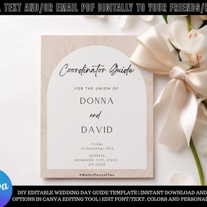 May include: A printable wedding day coordinator guide template with a peach background and a white arch. The text reads "Coordinator Guide" and "For the Union of Donna and David". The date is Friday, December 16, 2016. The template is editable in Canva.