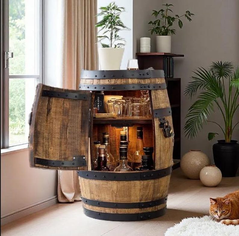 Whiskey Barrel Pub Table Top, Built-In Drinks Cabinet, Handmade Oak Liquor Cabinet, Rustic Home Bar