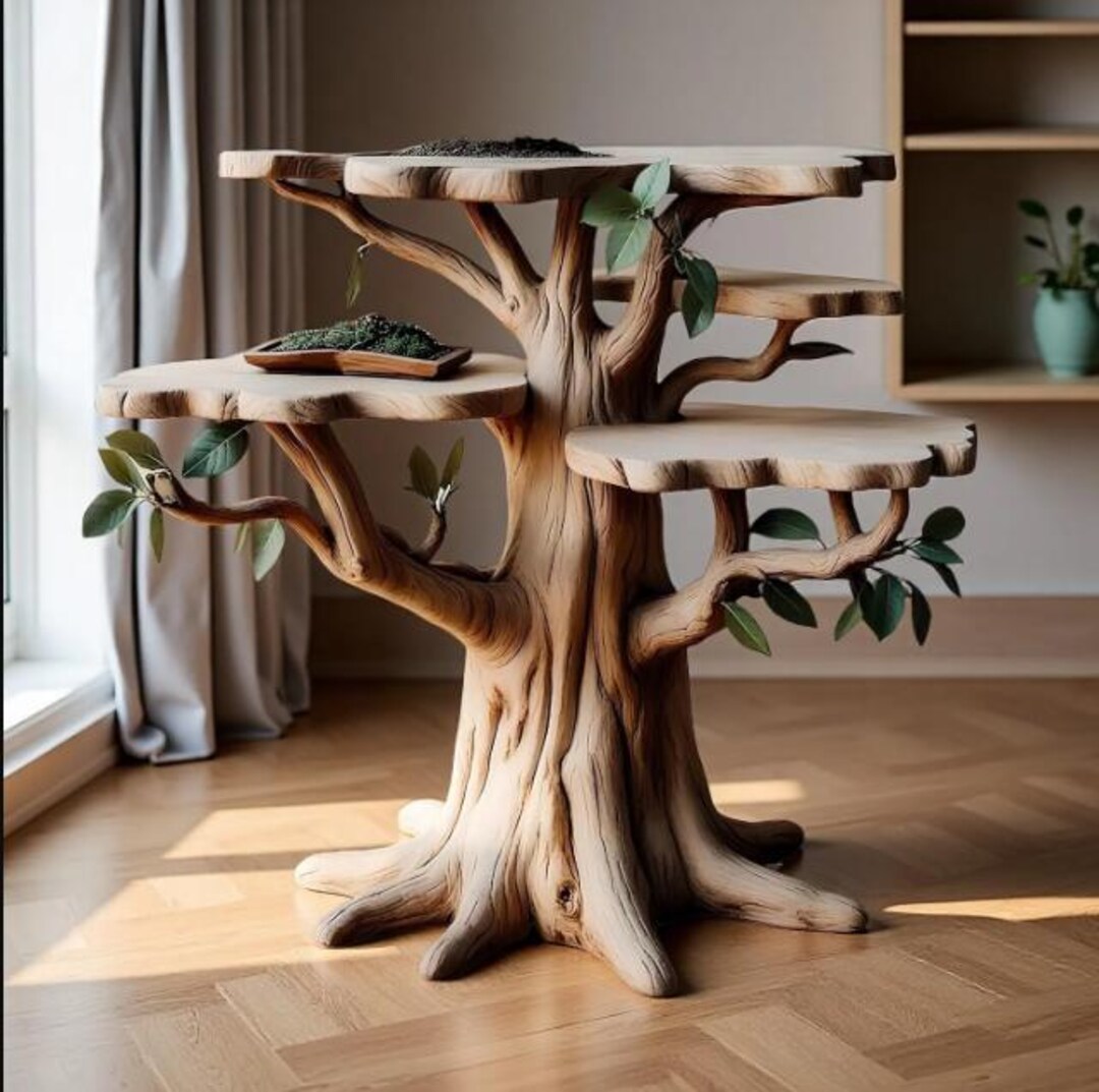 Tree Shaped Coffee Table, Handmade Tree Trunk Plant Display, Solid Wood ...