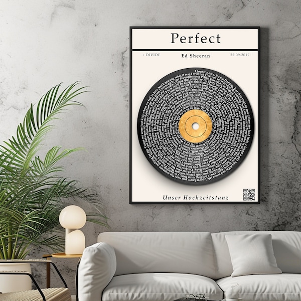 Personalisiertes Poster im Schallplatten Design mit individuellem Songtext. Perfektes Geschenk für Paare und Nostalgiker