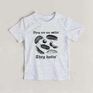 Può includere: Una t-shirt grigio melange chiaro con una stampa grafica nera di vari porcellini di terra e onischi. Il testo "They see me rollin'" è stampato sopra gli insetti, e il testo "They hatin'" è stampato sotto in un carattere in stile gotico.