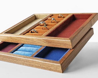 Wooden Jewelry Tray Organizer with Colorful Flock Inserts, Ring Display Holder, Handmade Jewelry Storage Box for Earrings and Neckalce