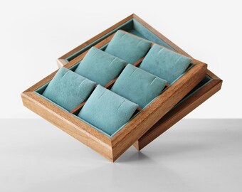 Walnut Jewelry Display Stand Box for Earring Rings Cuff links, Velvet Ring Holder, Premium Storage Organizer, Nightstand Jewelry Tray
