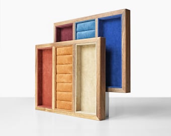 Wooden Jewelry Tray Organizer with Colorful Flock Inserts, Ring Display Holder, Handmade Jewelry Storage Box for Earrings and Neckalce