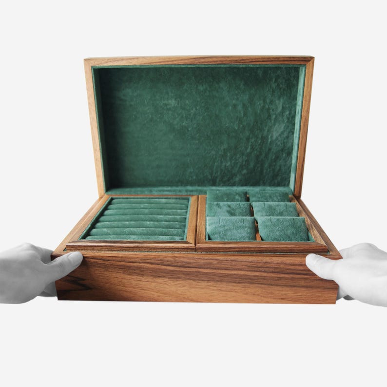 Big storage box	premium storage box	natural organiz box	wedding anniversary	unique jewellery box	holder unique gift	storage organizer	green dividers	wonderful nut box	anniversary gift	wooden jewelry box	jewellery tidy	velvet jewelry box