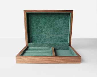 Caja de joyería de terciopelo con divisores de madera / Almacenamiento elegante de collares y pendientes / Caja de joyería grande / Regalo de aniversario de boda