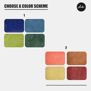May include: A color scheme selection chart featuring two groups of four textured rectangular swatches. Group 1 includes dark blue, light blue, lime green, and dark green. Group 2 includes coral, tan, yellow, and maroon. Text reads CHOOSE A COLOR SCHEME.