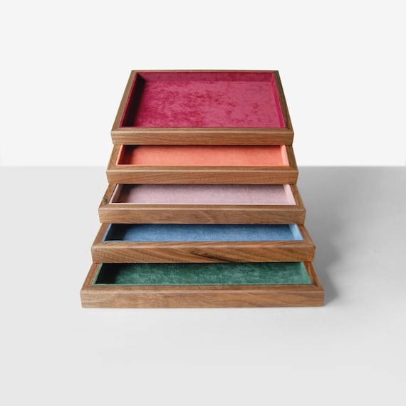 Wooden Jewelry Tray, Velvet Organizer for Rings or Necklaces, Precious Stones Storage, Nightstand Jewelry Holder, Birthday Gift for Sister