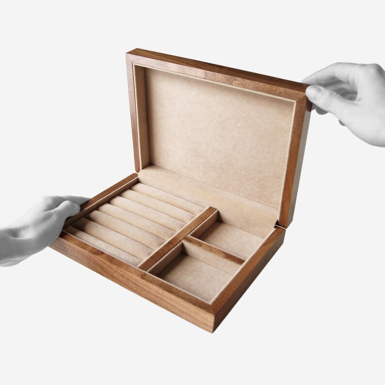 Premium Wooden Jewelry Box with Engraving, Velvet Jewelry Organizer, Gift for Wife, Jewelry Storage Dividers Case, Precious Stones Holder image 1