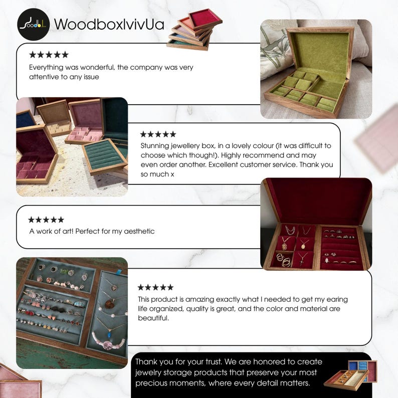 May include: A collection of wooden jewelry boxes featuring various interior velvet linings in colors including green, red, purple, and blue. The boxes contain compartments for rings, necklaces, and earrings, with some shown open and others stacked.
