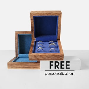 Gepersonaliseerde houten ring opbergdoos voor 6 ringen, sieradenhouder cadeau voor moeder, blauwe sieradendoos, ringopslag, Black Friday-uitverkoop