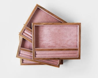 Jewelry Display Tray, Storage Case for Bracelet or Earrings, Wooden Ring Holder, Velvet Jewelry Organizer as an Anniversary Gift