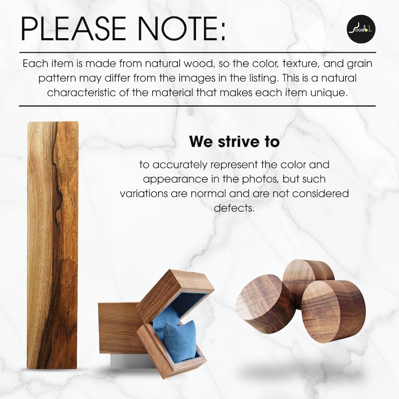 May include: A rectangular wooden block, an open wooden jewelry box with a blue velvet interior, and three cylindrical wooden pieces. The image includes text stating that natural wood grain and color variations are expected in each item.