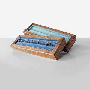 Scatola portagioie in legno di noce per 5 anelli, espositore per anelli, portagioie in velluto per anelli, vassoio portagioie in legno, regalo per mamma o sorella
