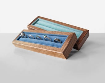 Walnut Wooden Jewelry Box for 5 Rings, Ring Display Stand, Velvet Jewelry Holder for Rings, Wood Jewelry Storage Tray Gift for Mom or Sister