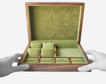 Wooden Jewelry Box with Engraving, Luxury Jewelry Storage, Personalized Velvet Necklace Organizer, Premium Walnut Jewelry Case with Dividers