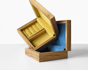 Personalized Walnut Jewelry Box with Flock or Velvet Interior, Ring and Earring Storage Organizer, Custom Jewelry Box as a Gift for Her